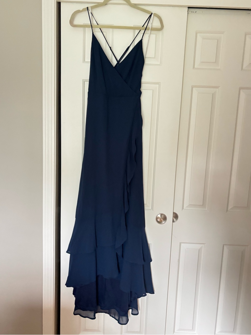 Lulus Navy Blue Maxi Dress – Size M – Lace-Up Back – Ruffle Hem